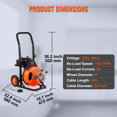 VEVOR Elektrische Rohrreinigungsmaschine 220V Rohrreiniger 30mx9,5mm Stahlkabel