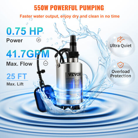 VEVOR Schmutzwasserpumpe 550W Tauchpumpe 230V Gartenpumpe Durchfluss 9500L/h Schmutzwassertauchpumpe IPX8 Auslass zuschneidbar zum Pumpen von Wasser aus Schwimmbädern Teichen Kellern