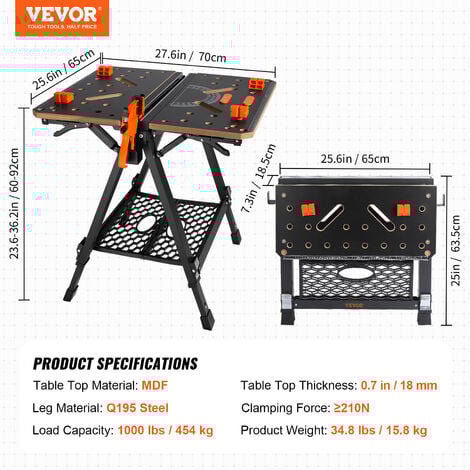 VEVOR Werk-und Spanntisch 454kg Tragfähigkeit 70x65cm Große Arbeitsfläche Klappbar 60–92cm Höhenverstellbar Werkbank MDF-Tischplatte Q195-Stahl-Rahmen Arbeitstisch zum Sägen Schleifen Reinigen