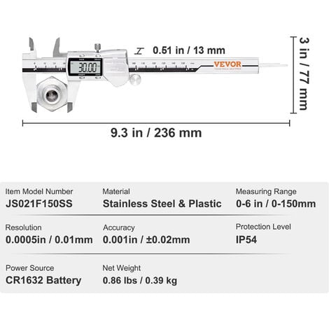 VEVOR Messschieber Digital 0-150m Schieblehre Messwerkzeuge ±0,02mm  Edelstahl IP54 Spritzwasserdicht Staubdicht Schutzdesign LCD