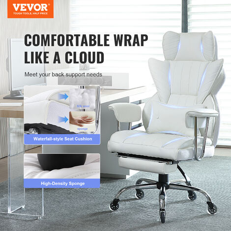 VEVOR Bürostuhl Chefsessel Mit Fußstütze – PU Leder Weiß, Höhenverstellbar, Bis 181 Kg, 86x61 Cm
