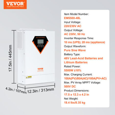 VEVOR 2-in-1-Hybrid-Solar-Wechselrichter 5500W Solar Inverter 11000VA Reiner  Sinus MPPT LCD-Display