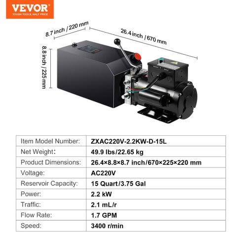 VEVOR Hydraulikpumpe Hydraulikaggregat 220 V Hydraulikaggregat 2200 W,  Einfachwirkende Hydraulikpumpe Hydraulic Power Pack, 3,75 Gal