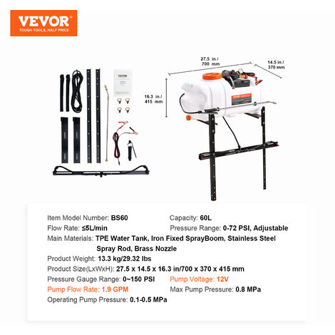 VEVOR ATV Sprüher 7 L/min Drucksprühgerät 12-V-Pumpe 0,1–0,5 MPa Pumpe-Betriebsdruck Sprühgerät