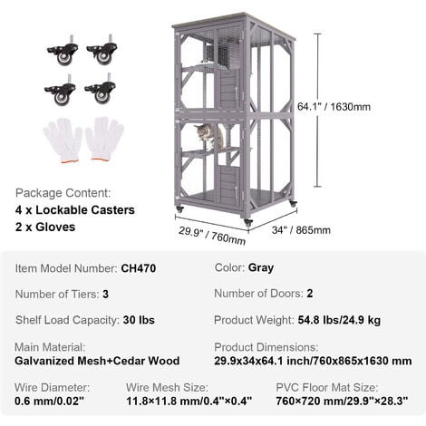 VEVOR Katzenkäfig mit 3 Ebenen und 1 Türen Katzengehege 760x865x1630mm Kleintierkäfig aus Verzinkter Maschendraht Tannenholz Nagerkäfig 14kg pro Etage Ideal für Katzen und andere kleine Tiere