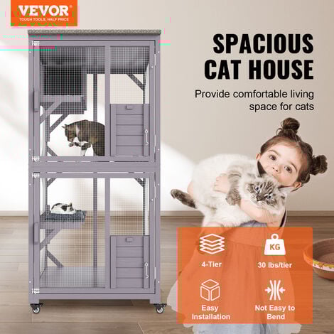 VEVOR Katzenkäfig mit 3 Ebenen und 1 Türen Katzengehege 760x865x1630mm Kleintierkäfig aus Verzinkter Maschendraht Tannenholz Nagerkäfig 14kg pro Etage Ideal für Katzen und andere kleine Tiere