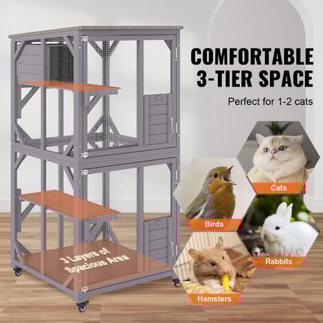 VEVOR Katzenkäfig mit 3 Ebenen und 1 Türen Katzengehege 760x865x1630mm Kleintierkäfig aus Verzinkter Maschendraht Tannenholz Nagerkäfig 14kg pro Etage Ideal für Katzen und andere kleine Tiere