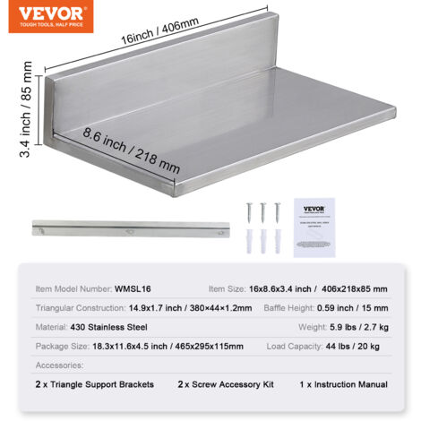 VEVOR Gewürzregal Wandregal 2-teilig Aus Edelstahl – 406x218x85 Mm, Bis 20 Kg Belastbar