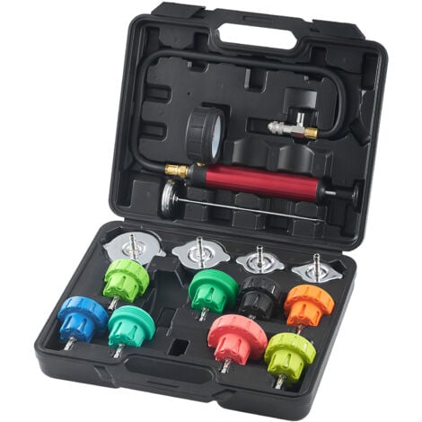 VEVOR 14-teiliges Kühlerkühlmittel-Druckprüfer-Set Abdrückgerät, Abdrücken Tester Kühlwasser Befüllgerät, Kühler Entlüftungsgerät Kühlsystemtester inkl. Thermometer, 4 Metalladapter und 8 Prüfkappen