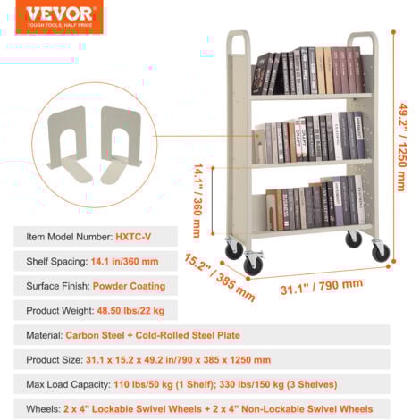 VEVOR Bücherwagen 3-stöckig - 100kg Tragkraft Mit Doppelbremsrollen 93,5cm