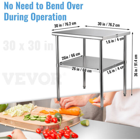 VEVOR Kommerzieller Edelstahltisch 76,2 x 76,2 x 91,4 cm, Edelstahl Zweilagiger Arbeitstisch Zerlegetisch Gastro 226 kg + 136 kg Tragfähigkeit, Gewerbe Küchentisch, Zubereitungstisch Küchenmöbel