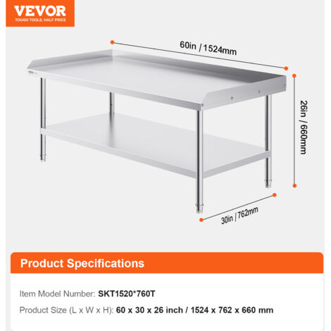 VEVOR Arbeitstisch Edelstahl – 762 X 1524 X 660 Mm – 3-seitiger Spritzschutz, Verstellbare Ablage – Für Gastronomie, Küche, Restaurant & Zuhause