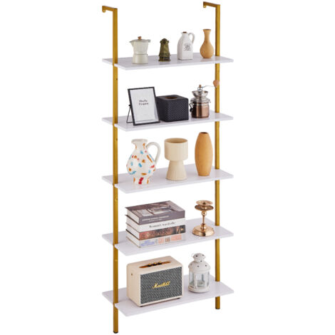 Industrielles Leiterregal 6-stöckig – Wandregal Aus Metall & Kiefernholz, Gold, 81x25x170 Cm