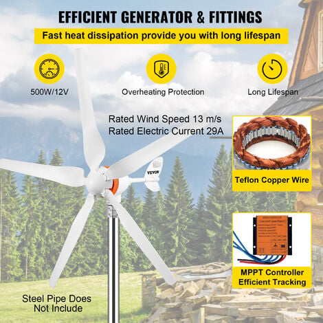 VEVOR Windturbinengenerator 500W Windgenerator, 12V Elektrisch MPPT  Controller, 13m/s Windkraftanlage mit 5 Blatt Laderegler Windkraftgenerator