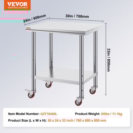 VEVOR Arbeitstisch 76 x 60 x 86 cm Edelstahl Catering Arbeitstisch Belastbarkeit 28 kg, Lebensmittel Zubereitungstisch mit Nachlauf Gewerbliche Arbeitstisch für Küche Bar 4 verstellbare Füße