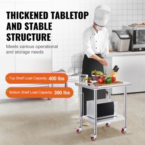 VEVOR Arbeitstisch 76 x 60 x 86 cm Edelstahl Catering Arbeitstisch Belastbarkeit 28 kg, Lebensmittel Zubereitungstisch mit Nachlauf Gewerbliche Arbeitstisch für Küche Bar 4 verstellbare Füße
