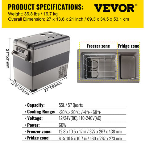 VEVOR Kompressor 55L Auto Kühlbox -2020℃ Mini Kühlschrank Auto