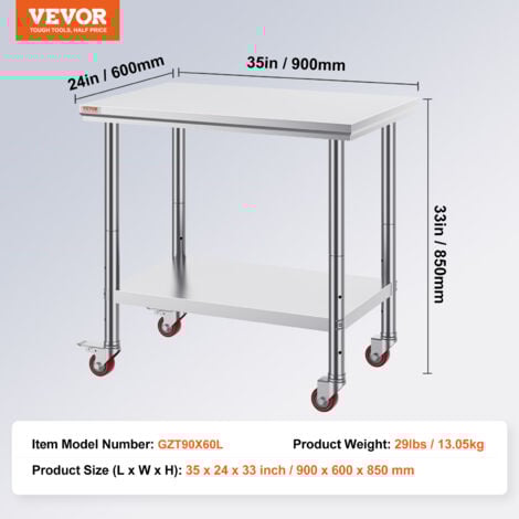 VEVOR Arbeitstisch 91 x 60 x 85 cm Edelstahl Catering Arbeitstisch Belastbarkeit 160 kg, Lebensmittel Zubereitungstisch mit Nachlauf Gewerbliche Arbeitstisch für Küche Bar 4 verstellbare Füße