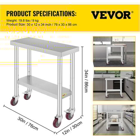 VEVOR Arbeitstisch 30" x 12" x 34" Edelstahl Catering Arbeitstisch etwas 100 kg für Belastbarkeit Lebensmittel Zubereitungstisch Gewerbliche Arbeitstisch für Küche Bar Restaurantar 4 verstellbare Füße