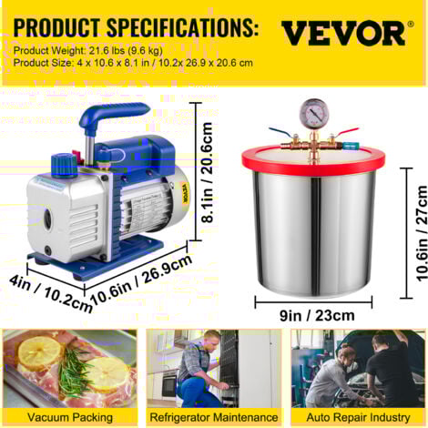 VEVOR Vakuumpumpe 3CFM, 12 L Unterdruckpumpe Vakuumgeräte Pumpe,  1/4 PS Vakuumpumpe Unterdruckpumpe mit 1720 U / min Drehgeschwindigkeit für Haushaltsklimatisierung, Fahrzeugwartung, 45 x 39 x 33cm