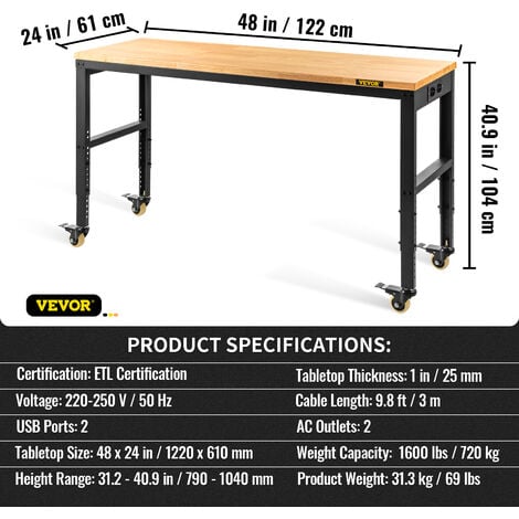 VEVOR Werkbank, höhenverstellbar, 122 cm L x 61 cm B x 104 cm H,  Garagentisch mit 79 cm – 104 cm Höhe, 725,7 kg Kapazität, mit Steckdosen  und Hartholzplatte und Metallrahmen & Drehgelenk Rolle