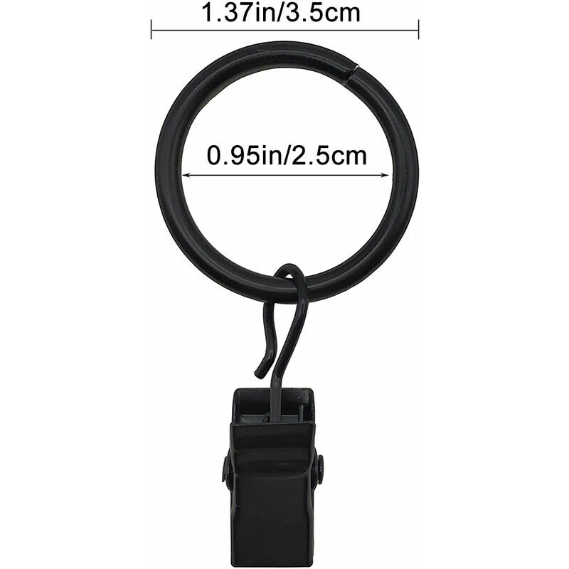 50 Anneaux Rideaux Métal + 50 Crochets - Diamètre Intérieur 32 Mm - Noir - Pour Tringle < 28 Mm - Installation Sans Outil