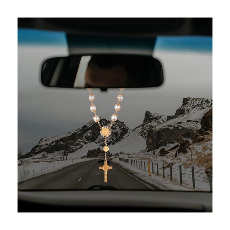 Chapelet Croix Pour Rétroviseur Voiture - 2 Pièces, Perles Et Alliage - Longueur 19,5 Cm - Décoration Intérieur, Cadeau