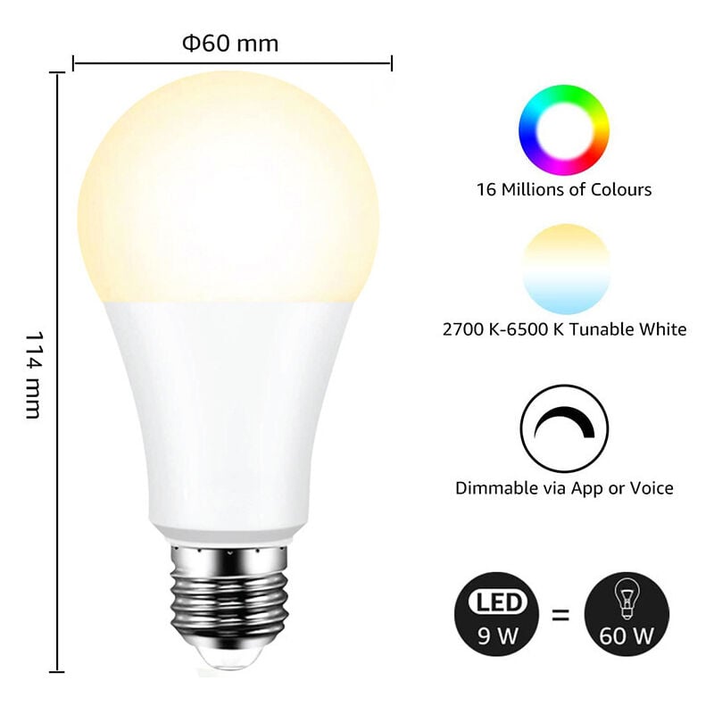 Ampoule LED OSRAM Smart E27 A60 Dimmable CCT+RGB 9W WiFi Compatible avec  Alexa et Google Home • IluminaShop France