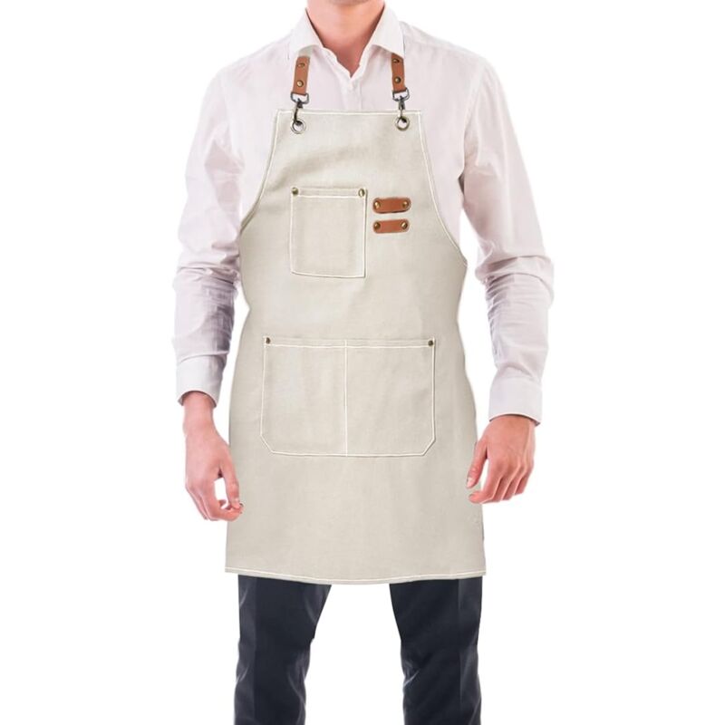 Beige)Tablier Cuisine Homme Tabliers en Toile avec 3 Poches