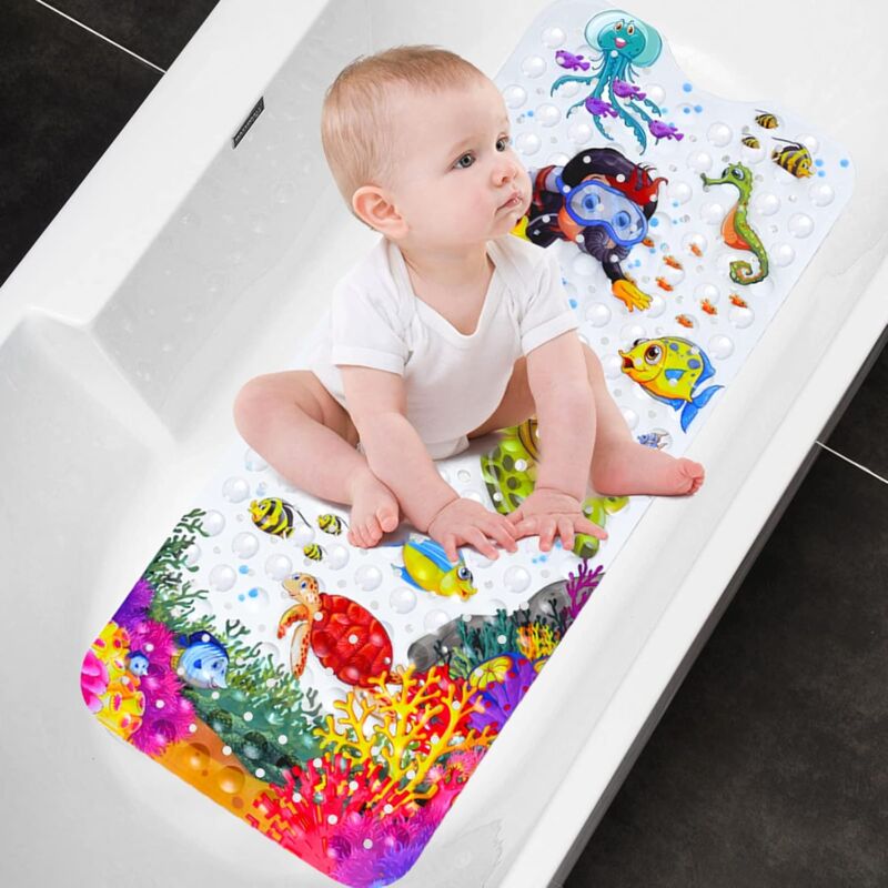 Tapis De Bain Antidérapant Bébé/Enfant 100x40 Cm - 250 Ventouses - Antibactérien & Lavable Machine - Crochets Inclus