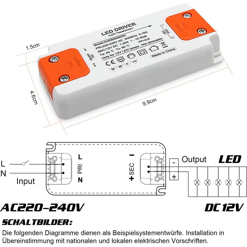 Transformateur LED Entrée 220-240V sortie DC 12V 1.25A 15W ampoule