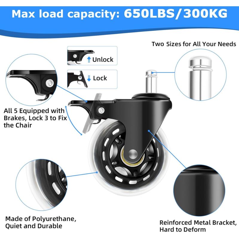 Sytopia Lot De 5 Roulettes Pour Chaise De Bureau, 11 X 22 Mm, Super Silencieuses Et Douces Pour Sols Durs, Parquet, Tapis, Stratifié, Pas Besoin De Tapis De Protection De Sol