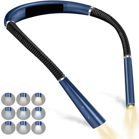Lampe de lecture double pour le cou (bleue), 3 couleurs et 6 niveaux de luminosité - Lampe de lecture pour le lit - Lampe de lecture rechargeable