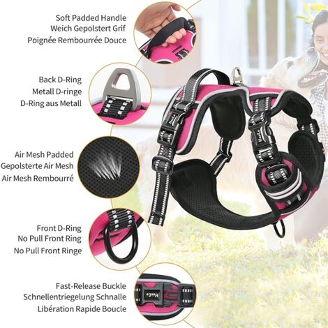 S, Harnais Chien, Harnais Anti Traction Réfléchissant Harnais pour Petit Moyen Chien avec Poignée Rembourrée, 1 Boucle sur la Sangle Droite de Cou Rendent Facile à Mettre et à Enlever, Fuchsia