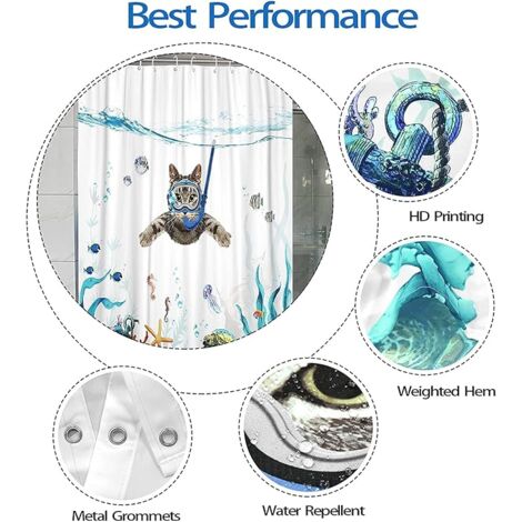 Rideau De Douche HomeStilez 180x180cm Chat Plongée Océan - Imperméable, Lavable, Polyester - Avec 12 Crochets