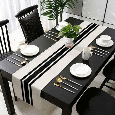 Chemin de table décoratif d'été 33 x 180CM (rayures géométriques noires et blanches), chemin de table en toile de jute pour mariage, été, automne, décoration de fête en extérieur