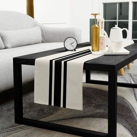 Chemin de table décoratif d'été 33 x 180CM (rayures géométriques noires et blanches), chemin de table en toile de jute pour mariage, été, automne, décoration de fête en extérieur