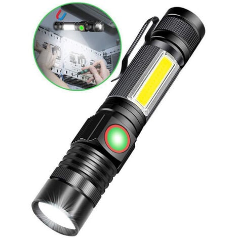Lampe de poche LED magnétique rechargeable par USB (batterie 18650 incluse)  Lampe de travail COB avec 4 modes Zoom étanche Torche ultra lumineuse pour  les urgences de camping en plein air (lot
