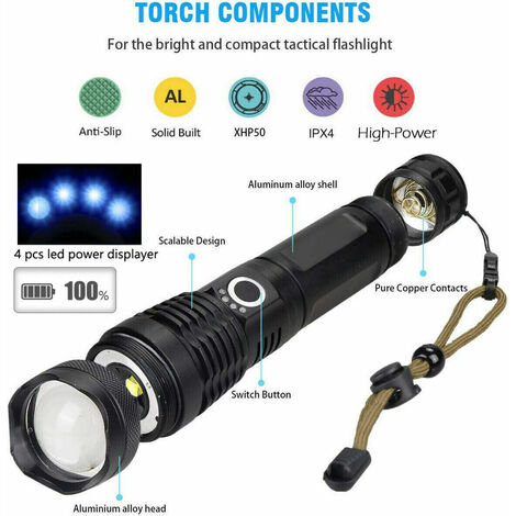 P70 LAMPE DE POCHE LED Torche télescopique Zoom USB Rechargeable