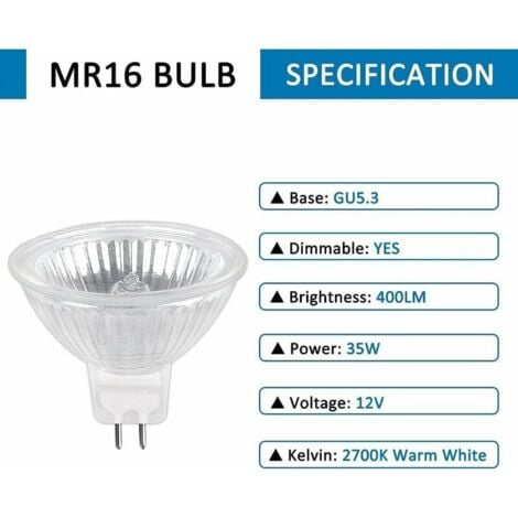 Ampoule Halogene pack de 6 GU5.3 35W 12V, 400lm Blanc Chaud 2700K Dimmable, Ampoule Spot Halogène MR16