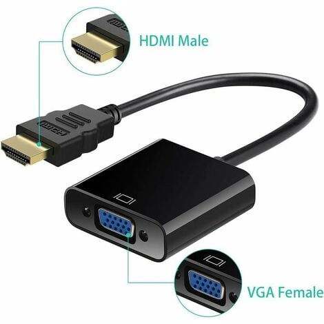 Noir) HDMI vers VGA, adaptateur HDMI vers VGA, convertisseur vidéo HD 1080P  actif, mâle vers femelle