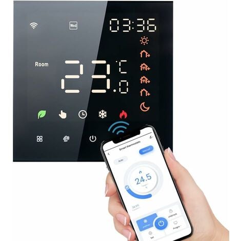 3A,Noir Thermostat Connecté WiFi Chauffage électrique Thermostats  d'Ambiance Programmable Régulateur de Température Mural avec