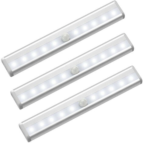 Lot de 3 lumières LED avec détecteur de mouvement pour armoire, 10 spots LED sans fil, lumières LED pour armoire, éclairage LED alimenté par batterie avec bandes magnétiques, veilleuse pour enfants, e