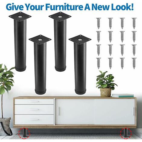 18 à 33 cm Pied de meuble en acier inoxydable réglable en hauteur - Noir - Épaissir - Pieds de meuble en acier - Pieds de meuble ronds avec tournevis - Pour armoire, table, canapé, lit