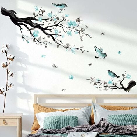 Sticker Mural Fleur Arbre de printemps avec des oiseaux verts - TenStickers