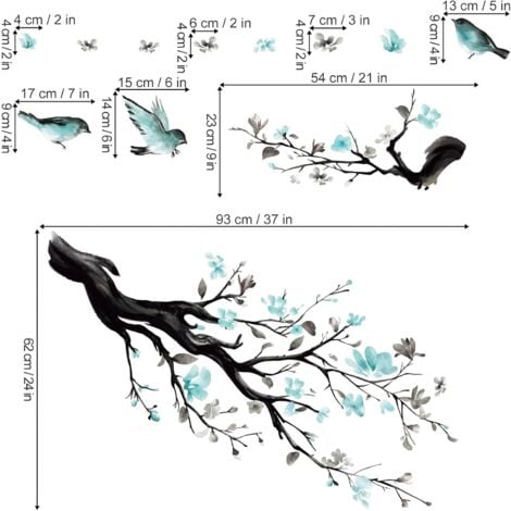 Stickers Muraux Branche de Fleur Autocollant Mural Fleurs Bleues Arbre  Oiseaux Décoration Murale Enfants Chambre Salon