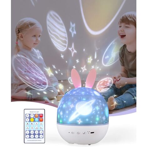 LED Lampe 360° Rotation 8 Chansons 6 Films de Projection 4 Couleurs Mode Cadeau Noël Anniversaire Veilleuse Enfant Etoile Projecteur, Veilleuse Bébé Musicale et Lumineuse Rechargeable