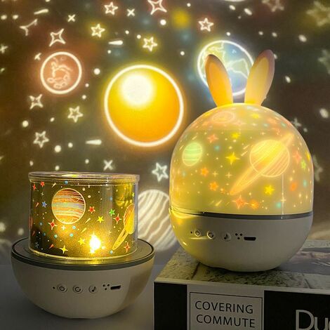LED Lampe 360° Rotation 8 Chansons 6 Films de Projection 4 Couleurs Mode Cadeau Noël Anniversaire Veilleuse Enfant Etoile Projecteur, Veilleuse Bébé Musicale et Lumineuse Rechargeable