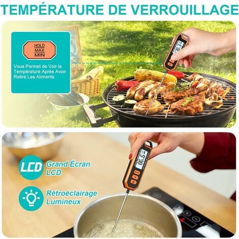 Testeur de température de viande, thermomètre de barbecue ℃/℉ commutable  avec sonde pliable Thermomètre alimentaire numérique pour camping en plein