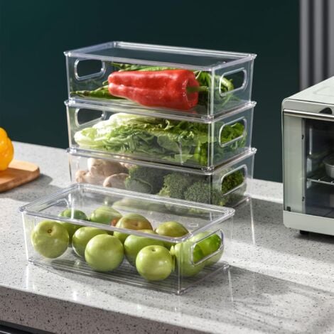4 Boite Rangement Frigo avec Couvercle, sans BPA Organisateur Frigo en Plastique, Transparent Empilable Organisation Frigo pour Cuisines, Réfrigérateur, Armoires